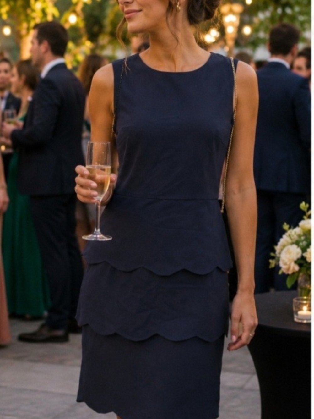 J. McLaughlin Navy Blue Scallop Hem Tiered Sleeveless Sheath Dress Womens Size 6